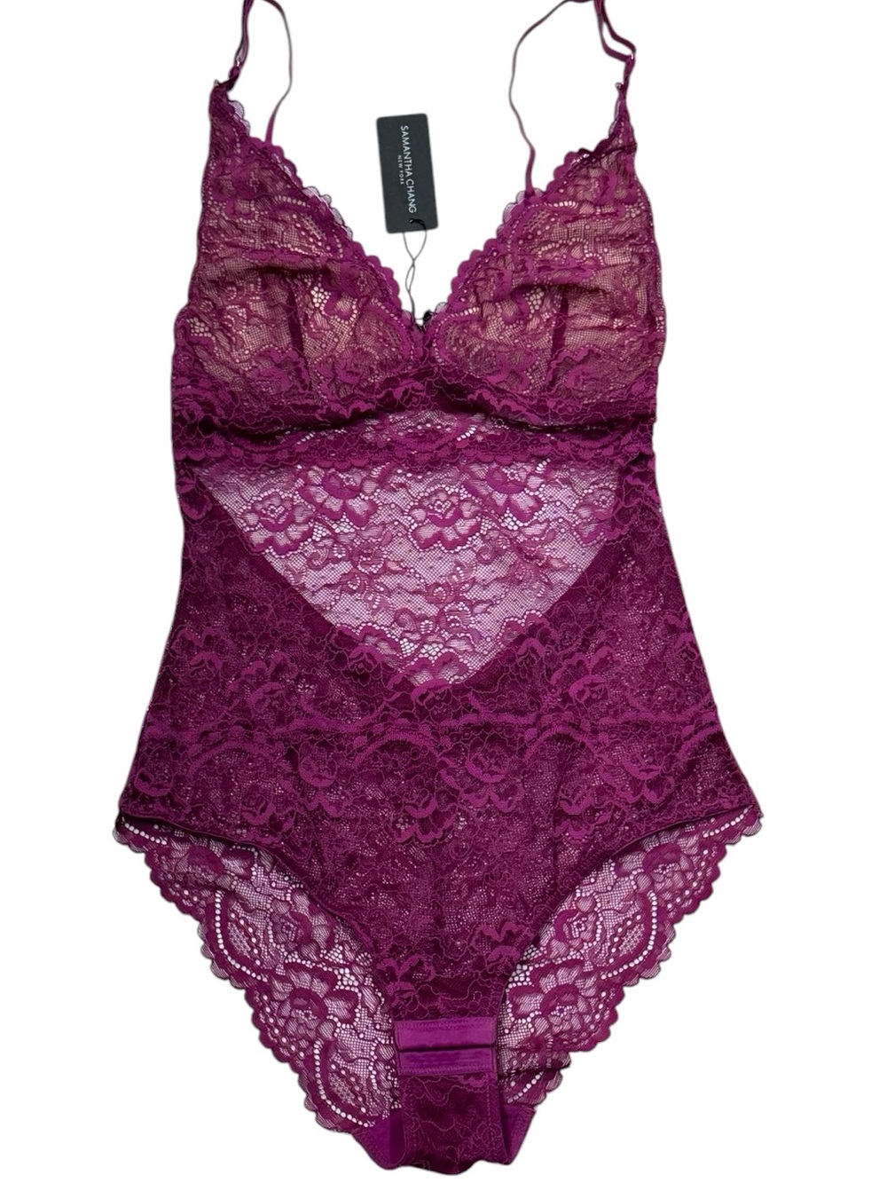 Samantha Chang Sz S Lingerie Lace Bodysuit Teddy Fuchsia Open back Romantic